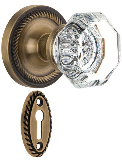 Rope Rosette Mortise Lock Set With Waldorf Crystal Knobs Antique Brass.